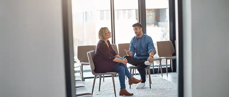 business-man-job-interview-with-Businesswoman talking about hiring recruitment.