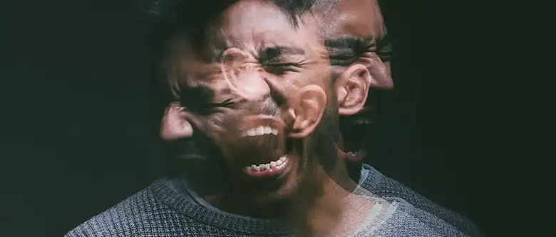 Stress screaming man studio with double exposure mental health depression bipolar.