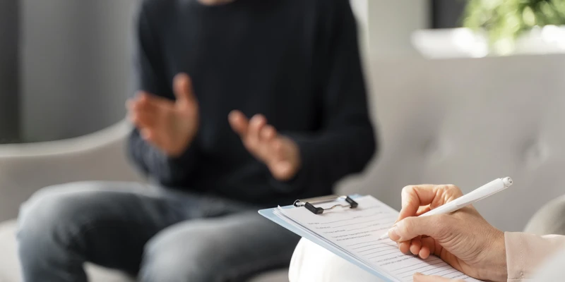 therapist taking notes while listening to patient